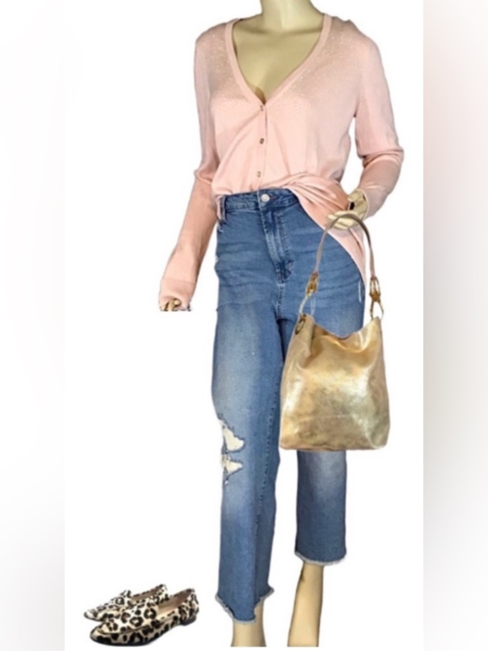 CALVIN KLEIN BLUSH PINK KNIT CARDIGAN W/GOLD BEADING DETAILS (M)